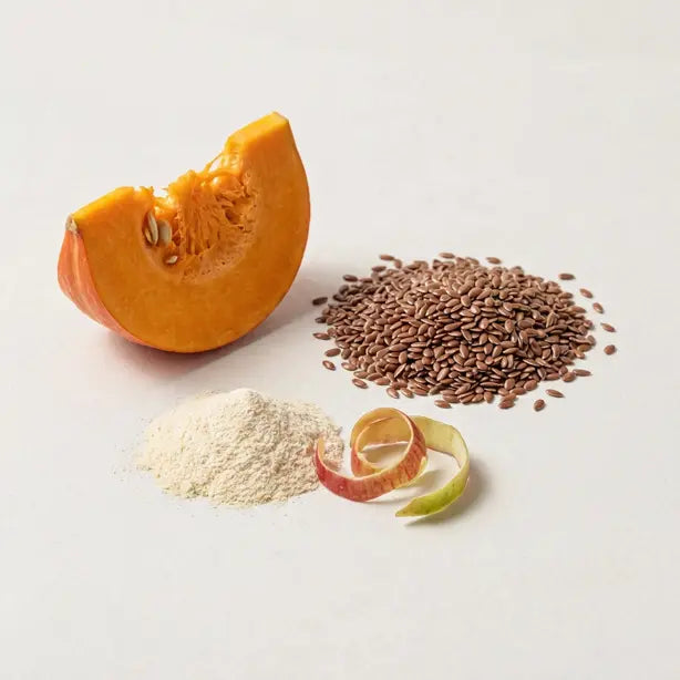 Pumpkin, flaxseed, pectin powder and apple peel, the fiber ingredients in Roots Pet soft chews for dogs